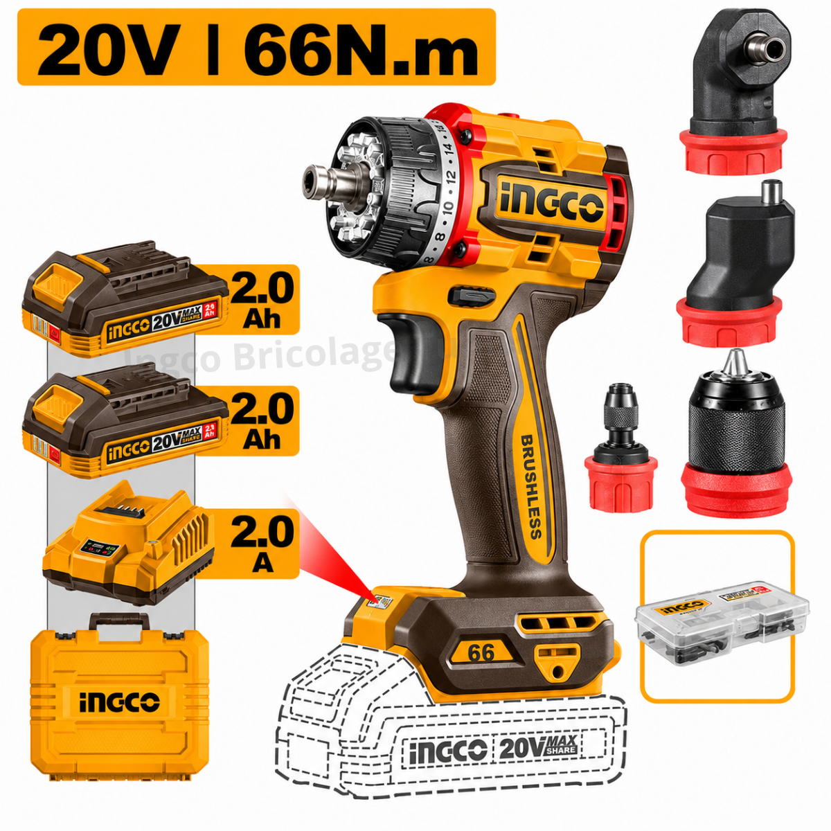 Perceuse-visseuse sans fil multi-têtes 20V 66Nm INGCO