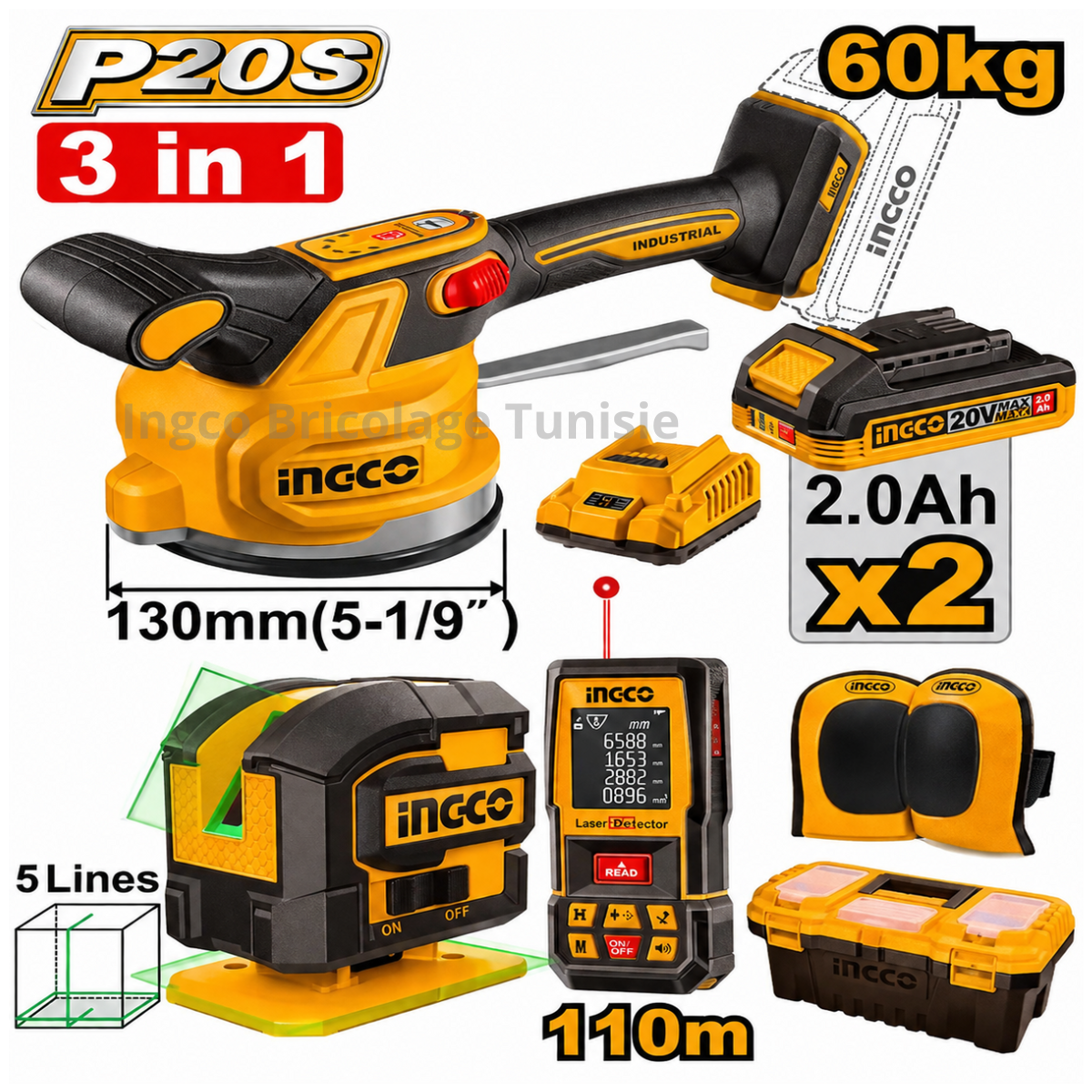 Kit combo sans fil 3 en 1 vibreuse carrelage, laser et mètre 20V INGCO