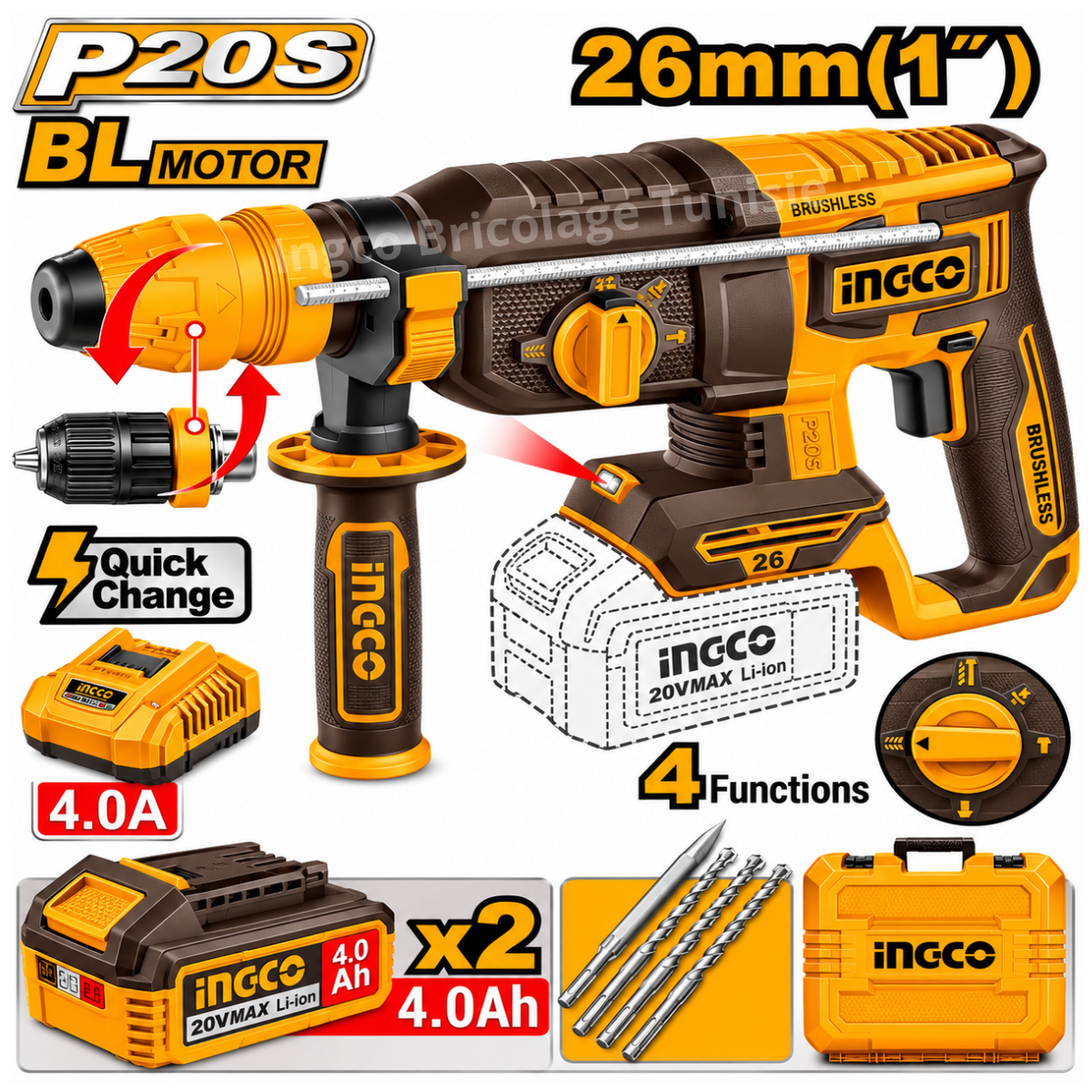 Marteau perforateur sans fil 20V 26mm Quick Change INGCO