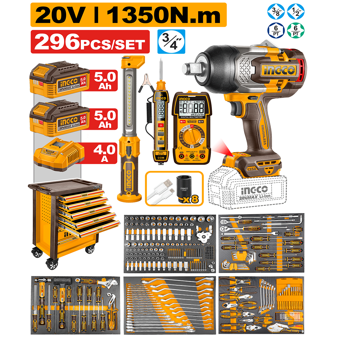 Coffret à outils Clé à chocs sans fil 1350 Nm avec 296 pièces